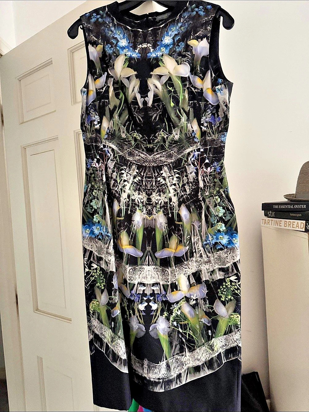 Alexander McQueen Floral Midi Dress in Black & Blue Size 42 Like New